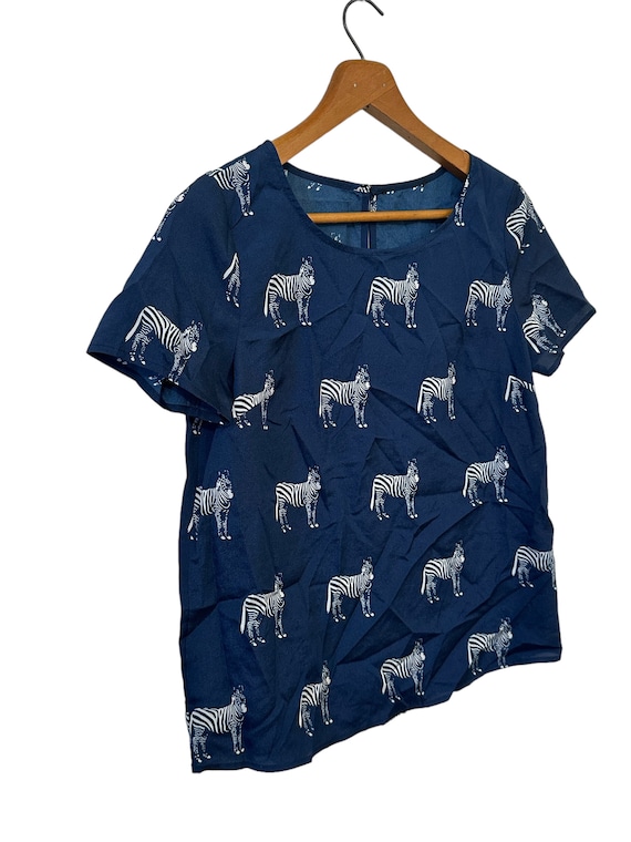 Cute Navy Blue Zebra Print Casual Dress Blouse Short Sleeve Keyhole Button Back Size Medium Women