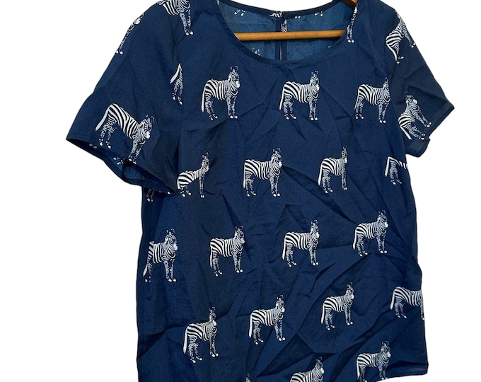 Cute Navy Blue Zebra Print Casual Dress Blouse Short Sleeve Keyhole Button Back Size Medium Women