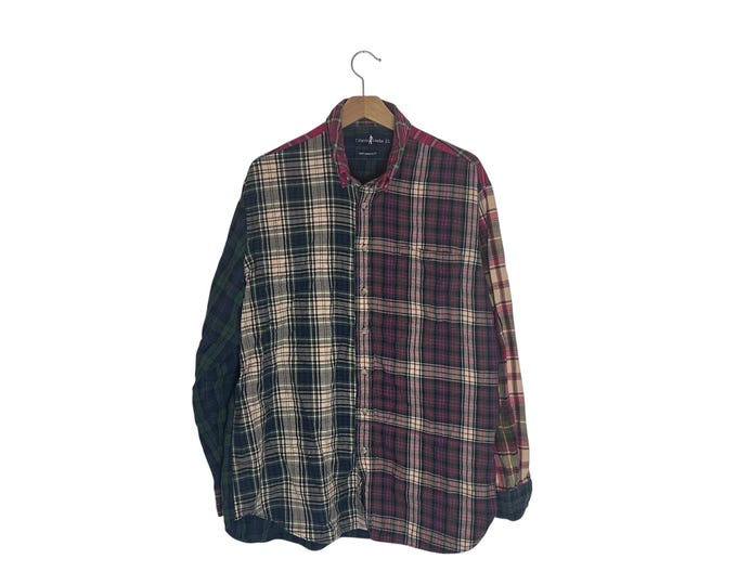 Mis-matched Plaids Flannel Shirt Long Sleeve Patchwork Plaid Size Large