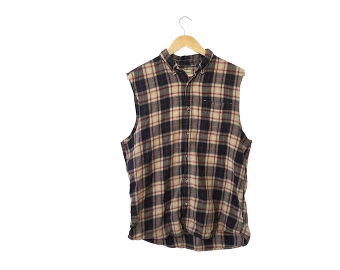 Sleeveless Flannel Vest 90s Grunge Fashion Shirt Black Beige Burgundy Cotton Button Down Size Large