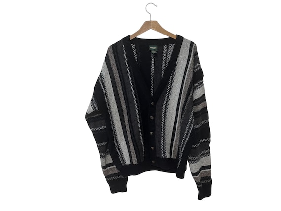 Vertical Striped Vintage Mens Cardigan Sweater Black Gray Irvine Park Size Mens Large - with damage