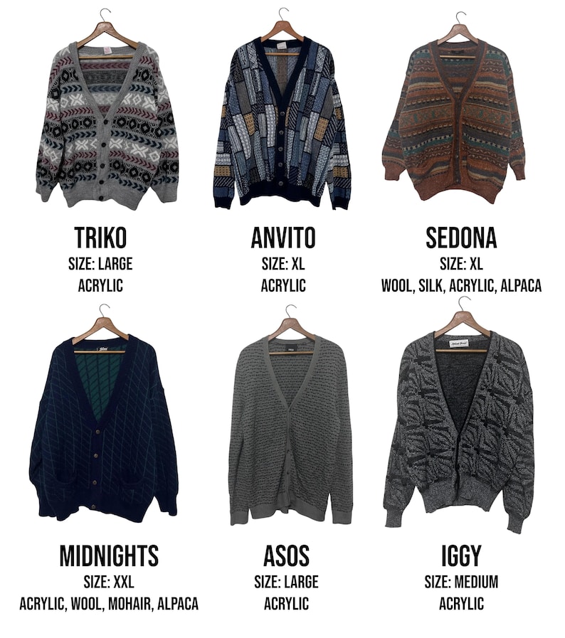May include: A collection of six button-down cardigans in various colors and patterns, displayed on wooden hangers. The cardigans include geometric and abstract designs, with text labels indicating brand names, sizes, and materials like acrylic, wool, and alpaca.