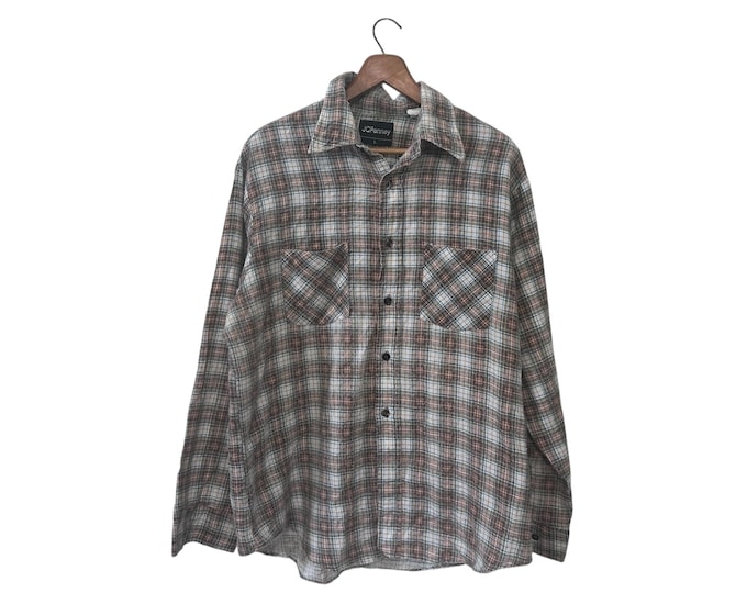 Faded Worn & Old 70s Vintage JC Penney Flannel Shirt Mens Soft Button Down Brown Plaid Size Large
