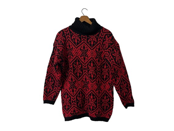 Vintage Wool Turtleneck Pullover Red & Black GAP Snowflake Print Women's Large