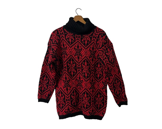 Vintage Wool Turtleneck Pullover Red & Black GAP Snowflake Print Women's Large