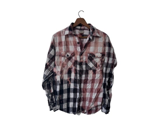 Bleach Splattered & Distressed Grunge Flannel Shirt Black and White Buffalo Plaid Unisex Small