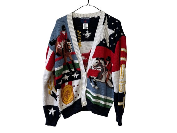 US National Equestrian Team Vintage Knit Cardigan Sweater 90's USET Millers Horse Print Sweater Horse Lover Riding Clothes Women Large