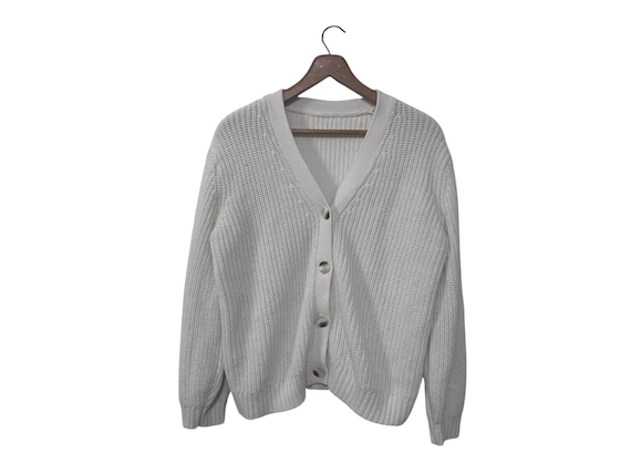 Minimalist White Knit Cardigan Womens Medium Basic Simple Style Solid White Cottagecore Sweater