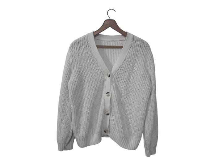 Minimalist White Knit Cardigan Womens Medium Basic Simple Style Solid White Cottagecore Sweater