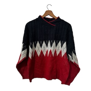 80s 90s Vintage Argyle Knit Pullover Sweater Casual Sporty Red Black White and Gray by Gina Peters Women&#39;s Medium