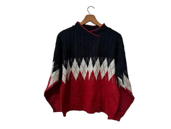 80s 90s Vintage Argyle Knit Pullover Sweater Casual Sporty Red Black White and Gray by Gina Peters Women's Medium