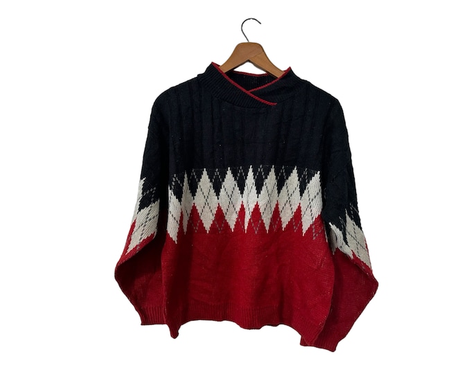80s 90s Vintage Argyle Knit Pullover Sweater Casual Sporty Red Black White and Gray by Gina Peters Women's Medium