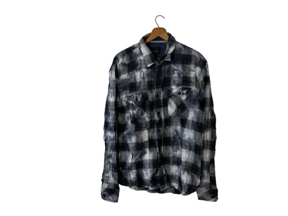Splotchy Black Gray White Plaid Flannel Button Down Shirt Long Sleeve Unisex Adult Large