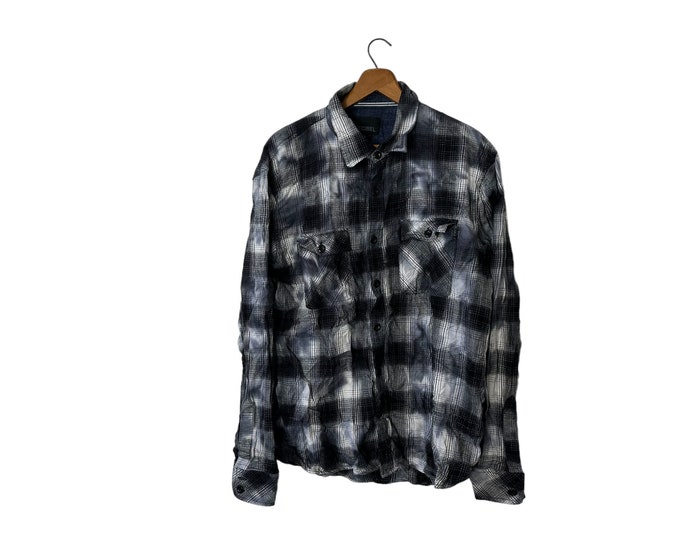Splotchy Black Gray White Plaid Flannel Button Down Shirt Long Sleeve Unisex Adult Large