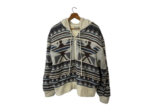 Vintage Southwestern Outdoor Exchange Hooded Zip-Up Wool Blend Lined Cardigan Jacket Long Sleeve White Blue Gray Brown Unisex Medium