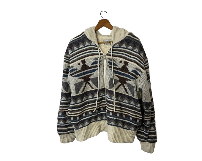 Vintage Southwestern Outdoor Exchange Hooded Zip-Up Wool Blend Lined Cardigan Jacket Long Sleeve White Blue Gray Brown Unisex Medium