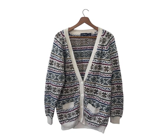 Vintage 90s Snowflake Fair Isle Winter Cardigan Sweater White Red Blue Gold Green Hunters Run Womens Medium