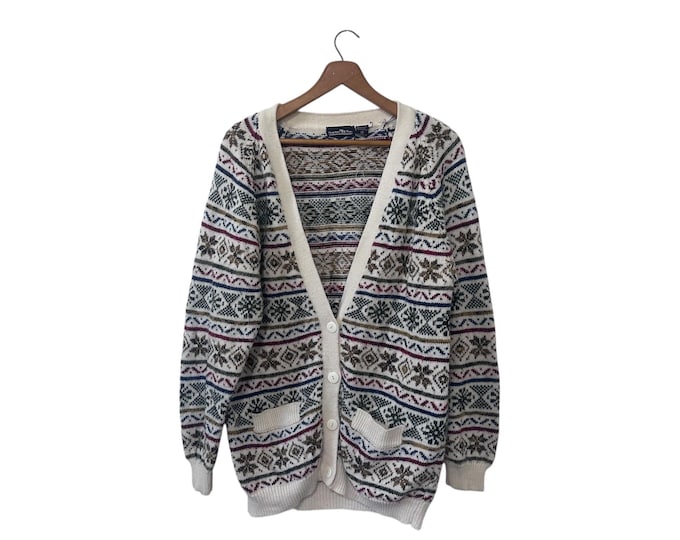 Vintage 90s Snowflake Fair Isle Winter Cardigan Sweater White Red Blue Gold Green Hunters Run Womens Medium