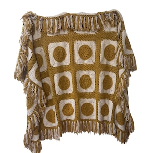 60s 70s Vintage Crochet Yarn Knit Golden Yellow & White Throw Blanket with Fringe Edging
