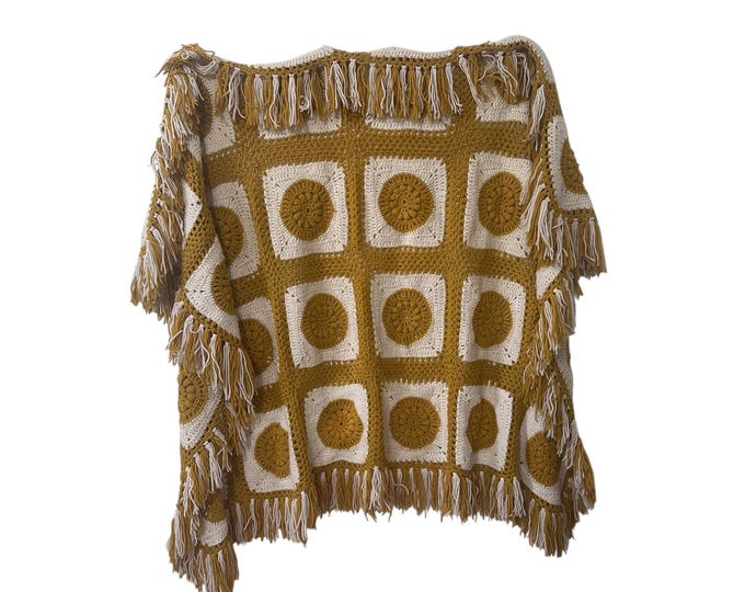 60s 70s Vintage Crochet Yarn Knit Golden Yellow & White Throw Blanket with Fringe Edging