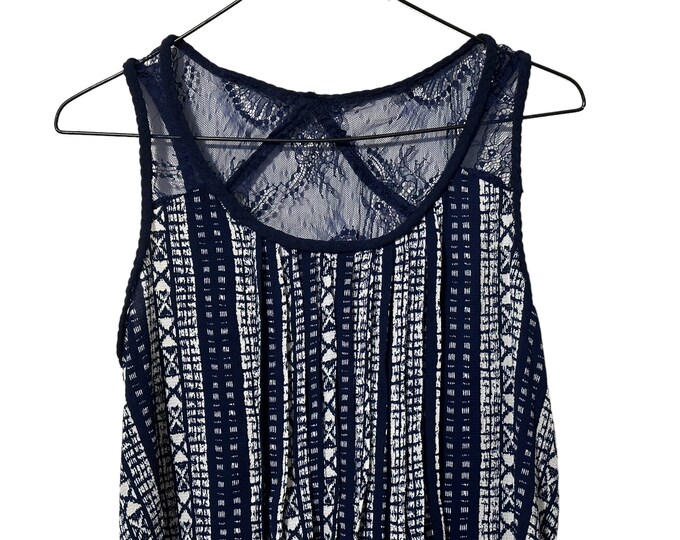 Vertical Print Lace Back Tank Top Navy Blue White Women's Tanktop Flowey Hi Low Back Size Small