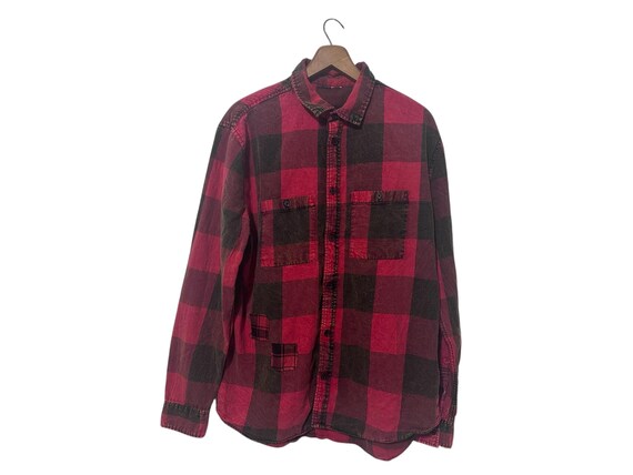 Patched Buffalo Plaid Red Black Checkered Pattern Acid Wash Button Down Flannel Shirt Size Medium