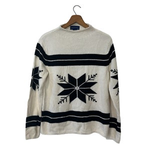 Weicher Strickpullover Pullover Weiß Schwarz Schneeflocke Muster Mock Neck Langarm von Charta Club Women's Medium