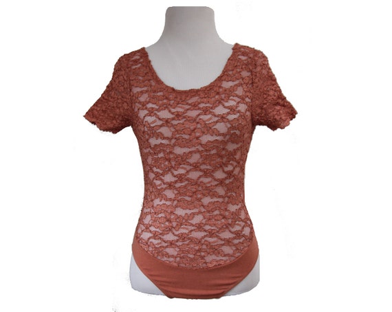 Vintage Lace Leotard Bodysuit Salmon Color Size Small