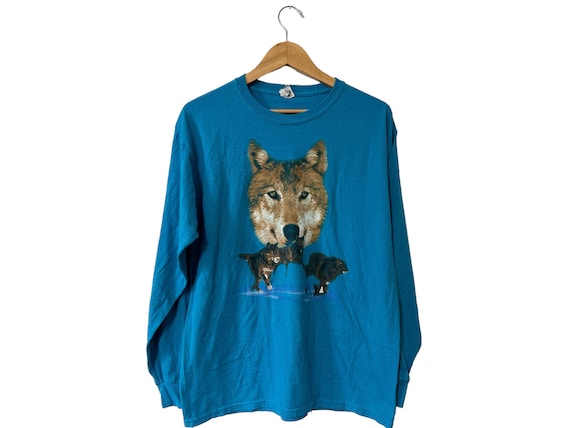 Vintage Wolf T-shirt Long Sleeved Bright Blue Wolf Pack Shirt Size Large