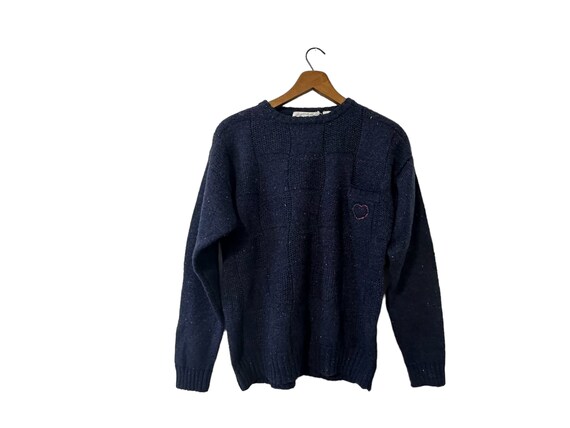 Heart Pocket Vintage Wool Pullover Sweater Blue Purple Green Speckled Knit Women's Medium Large