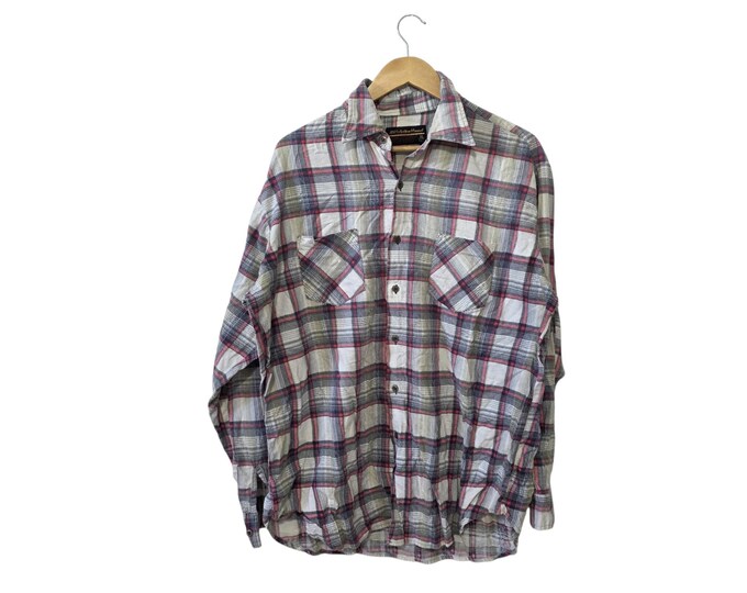 Montgomery Ward Vintage 70s 80s Plaid Flannel Button Shirt Front Pockets White Gray Pink Plaid 100% Cotton Cabin Wear Unisex X-Large XL Tall
