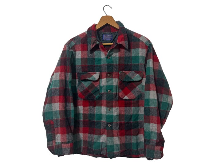 Vintage Pendleton Wool Flannel Red Green Gray Buffalo Checker Plaid
