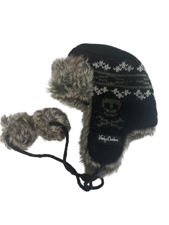 Harley Davidson Fur Trapper Hat Black Skull Crossbone Knit Winter Hat
