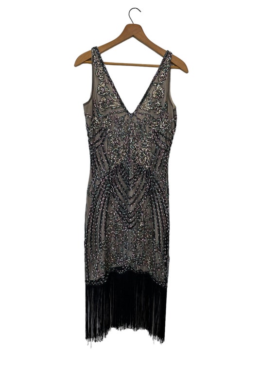 Gatsby Dress Sequined Flapper Party Fringe Dress V-Neck Sleeveless Black Blue Pink Gold Women's Medium