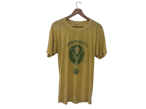 Worn & Thin Vintage T-shirt Aunt Charleys Atlanta Bar Deer Cross Logo See Through Soft Sheer Distressed 80s Tee Yellow Large XL