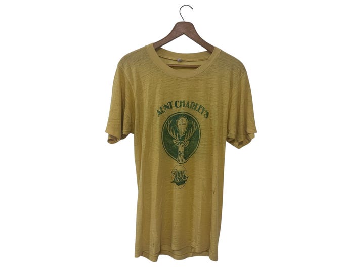 Worn & Thin Vintage T-shirt Aunt Charleys Atlanta Bar Deer Cross Logo See Through Soft Sheer Distressed 80s Tee Yellow Large XL