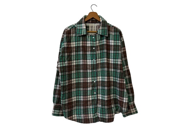 70s Vintage Flannel Shirt Green Brown Red White Pearl Snap Buttons Long Sleeve Cotton Blend Women's XL