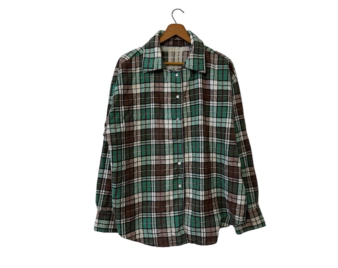 70s Vintage Flannel Shirt Green Brown Red White Pearl Snap Buttons Long Sleeve Cotton Blend Women's XL