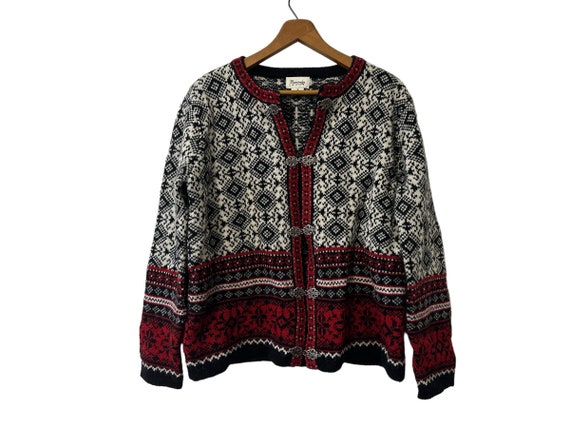 Vintage Cambridge Wool Fair Isle Red Black White Cardigan Sweater Silver Floral Metal Hook Clasps Womens Size Small / Medium
