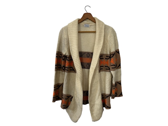 70's Vintage Southwestern Tribal Aztec Pattern Cardigan Sweater Shawl Collar Open Front Long Sleeve Brown Orange Beige Tan Size Small