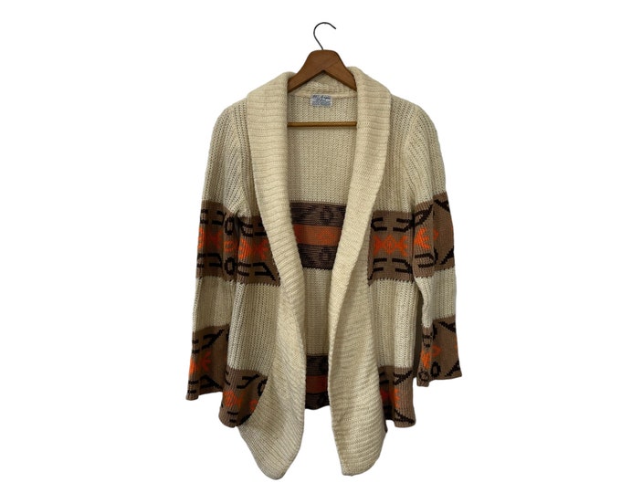 70's Vintage Southwestern Tribal Aztec Pattern Cardigan Sweater Shawl Collar Open Front Long Sleeve Brown Orange Beige Tan Size Small