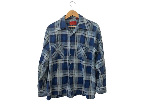 1970s Kings Road Vintage Flannel Shirt Mens Blue Sears Full Cut Flannel Longsleeve Plaid Button Down with Double Pockets Men's Large