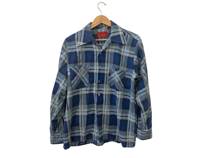 1970s Kings Road Vintage Flannel Shirt Mens Blue Sears Full Cut Flannel Longsleeve Plaid Button Down with Double Pockets Men's Large