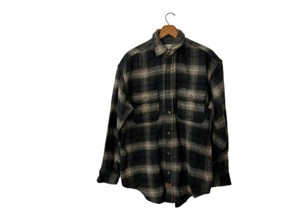 Vintage Thick American Eagle Wool Blend Plaid Flannel Black Olive Beige Long Sleeves Pockets Men's Small