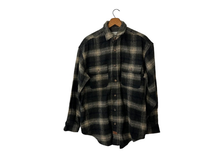Vintage Thick American Eagle Wool Blend Plaid Flannel Black Olive Beige Long Sleeves Pockets Men's Small