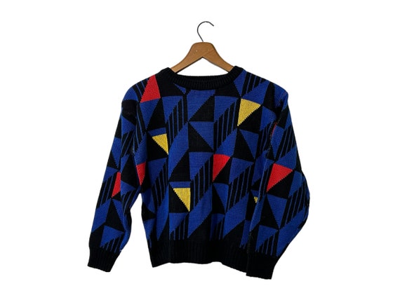 Kids 80's Vintage Abstract Geometric Triangle Patterned Knit Pullover Sweater 90s Black Red Blue Yellow Boys Medium
