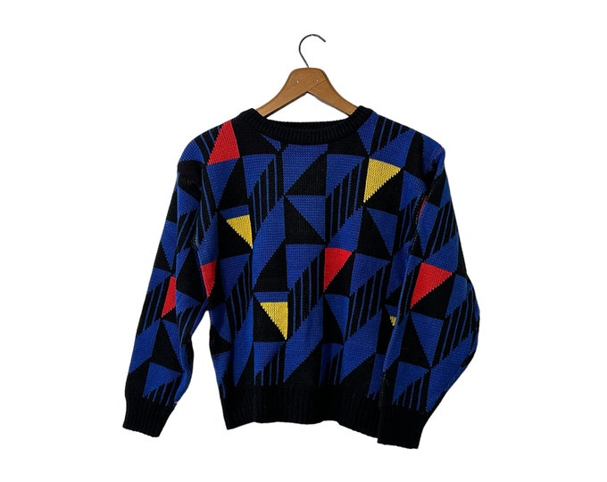 Kids 80's Vintage Abstract Geometric Triangle Patterned Knit Pullover Sweater 90s Black Red Blue Yellow Boys Medium