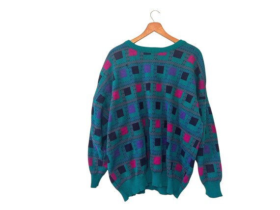 Women's 90s Sweater Teal Magenta Purple Navy Squares Geometric Pattern 1990s Pullover Victoria Jones 3X - Damaged