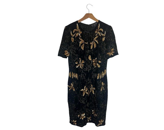 Black & Gold Beaded Vintage Dress with Sequins 80s Royal Feelings Silk Knee Length Fitted Dress Size 8 Women