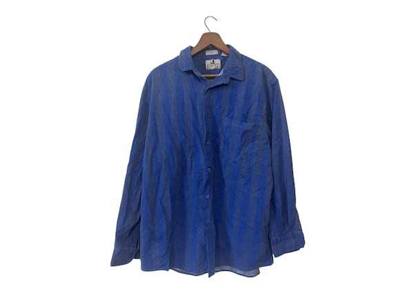Faded Blue Vertical Striped Vintage Button Down Flannel Shirt Long Sleeve Cotton Forest Trail Size Large